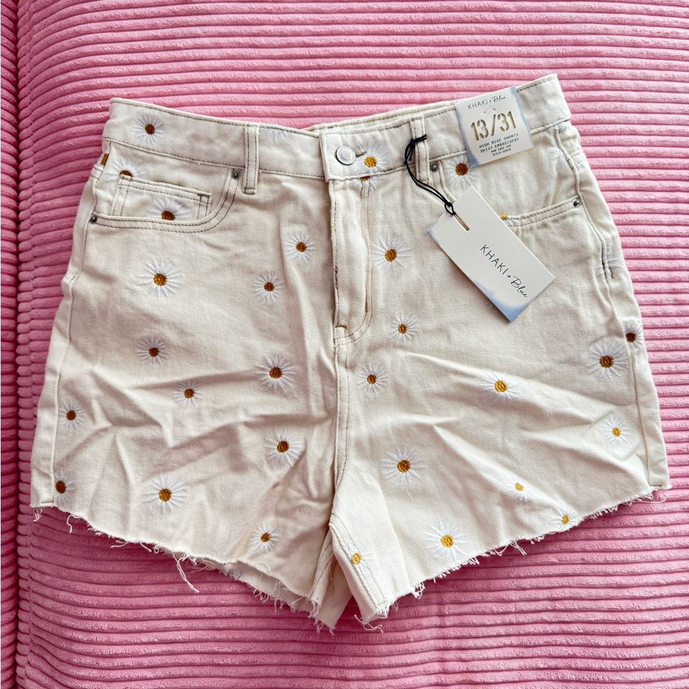 KHAKI Blue Shorts Ivory Embroidered Daisy High Rise Cut Off